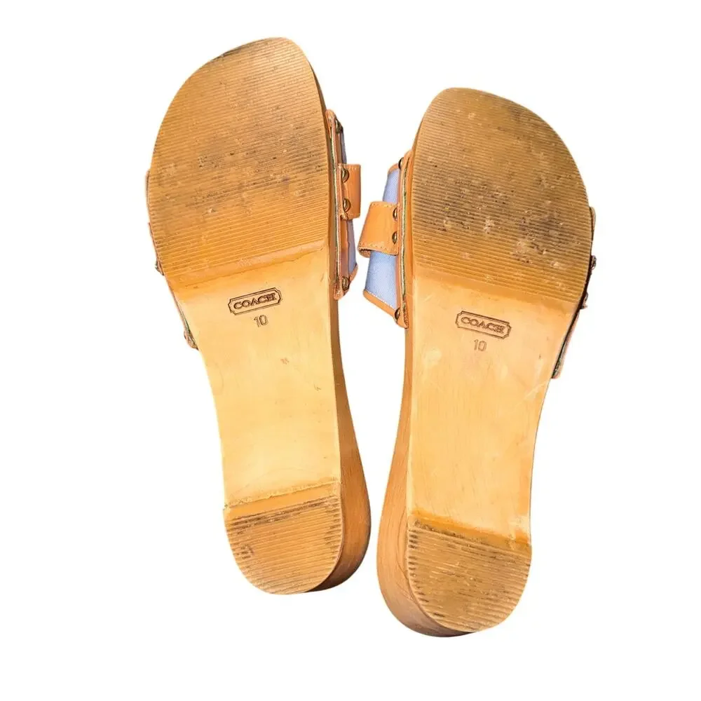 Vtg Y2K Coach Wooden Sandals Women’s Size 10 Blue Twill Tan Leather Clogs Shoes